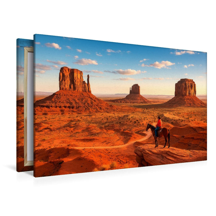 Premium Textil-Leinwand Monument Valley – Im Land der roten Riesen. Ein Cowboyblick über die Weiten des Wilden Westens