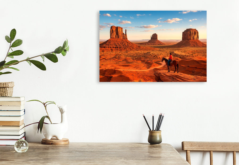 Premium Textil-Leinwand Monument Valley – Im Land der roten Riesen. Ein Cowboyblick über die Weiten des Wilden Westens