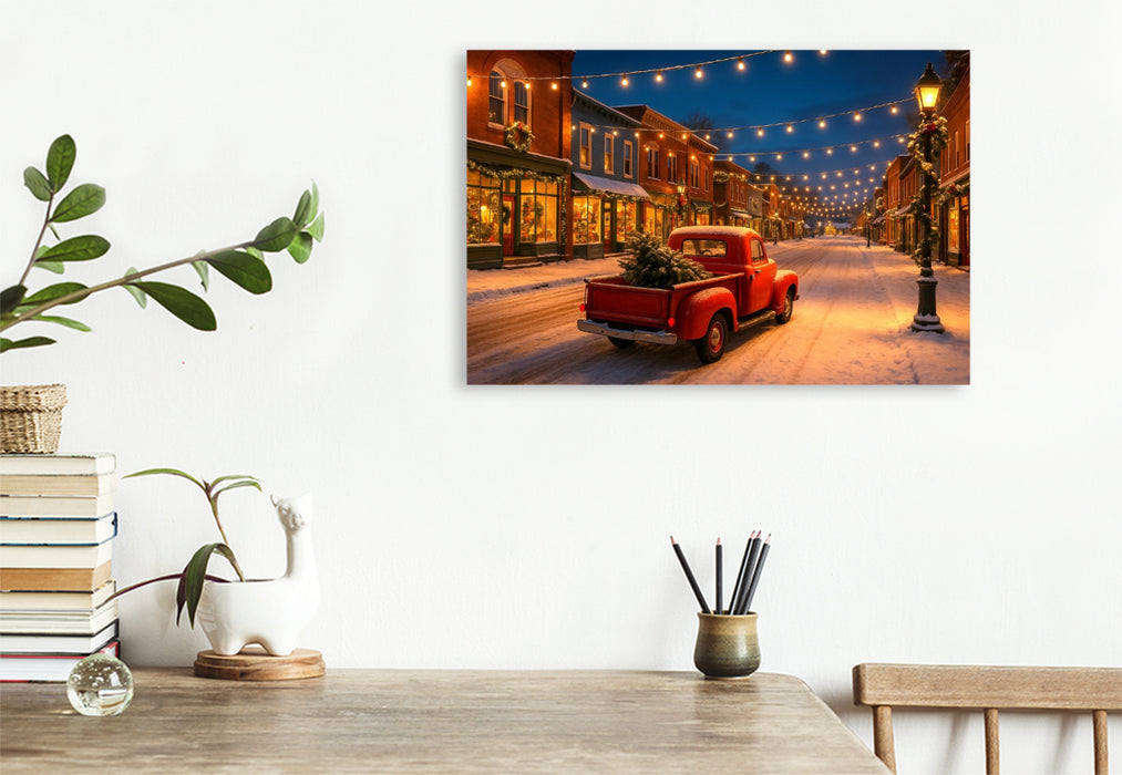 Premium Textil-Leinwand Weihnachten in Amerika – Magie im Lichterglanz. Ein roter Pickup, Schnee und festliche Straßenromantik