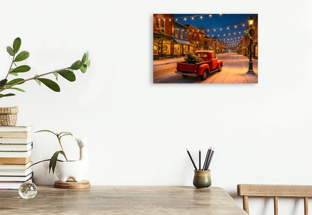 Premium Textil-Leinwand Weihnachten in Amerika – Magie im Lichterglanz. Ein roter Pickup, Schnee und festliche Straßenromantik