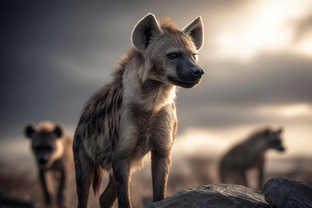 Premium Textil-Leinwand Das Hyänenleben in bergiger Region