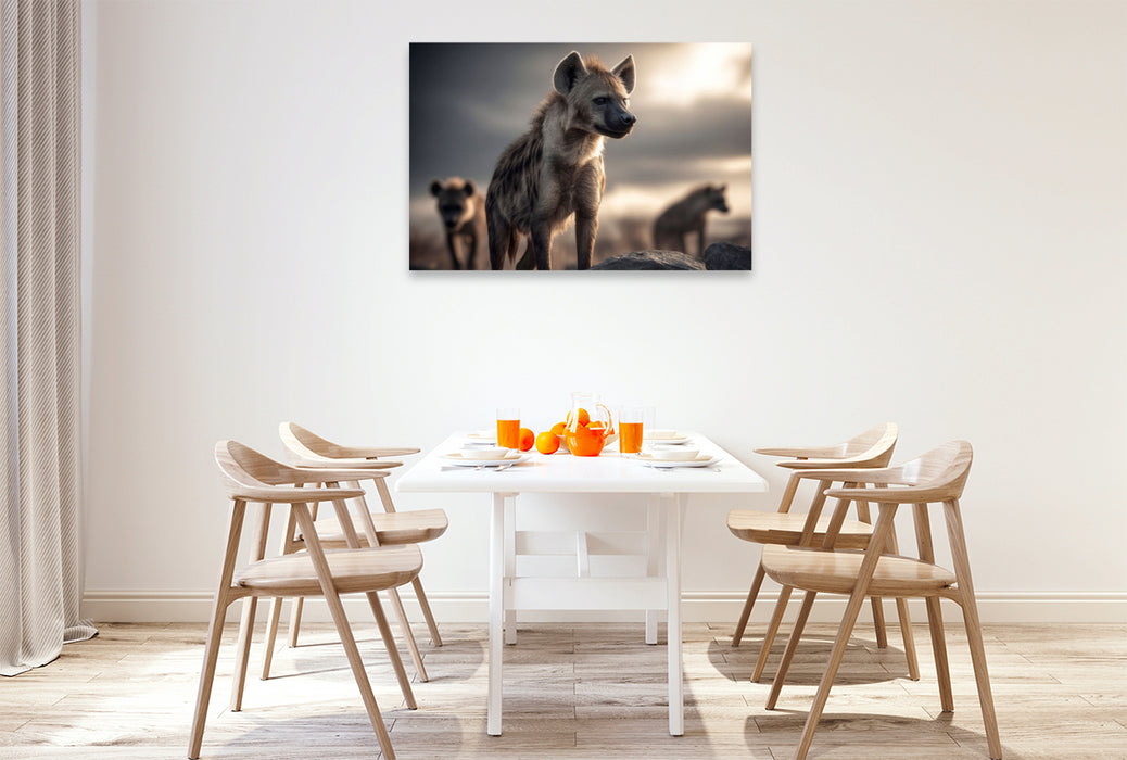 Premium Textil-Leinwand Das Hyänenleben in bergiger Region