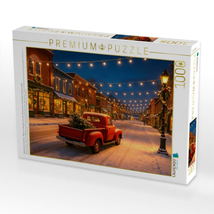 Weihnachten in Amerika – Magie im Lichterglanz. Ein roter Pickup, Schnee und festliche Straßenromantik - CALVENDO Foto-Puzzle'