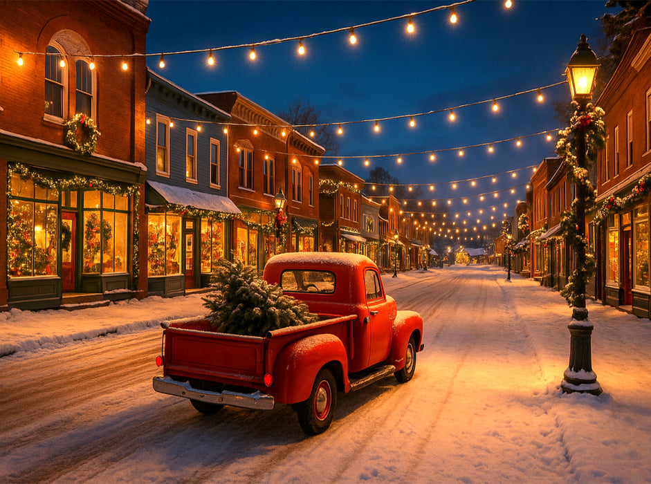 Weihnachten in Amerika – Magie im Lichterglanz. Ein roter Pickup, Schnee und festliche Straßenromantik - CALVENDO Foto-Puzzle'