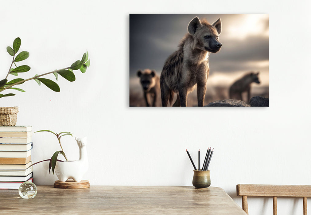 Premium Textil-Leinwand Das Hyänenleben in bergiger Region