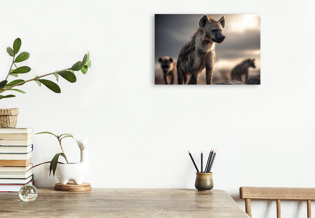 Premium Textil-Leinwand Das Hyänenleben in bergiger Region