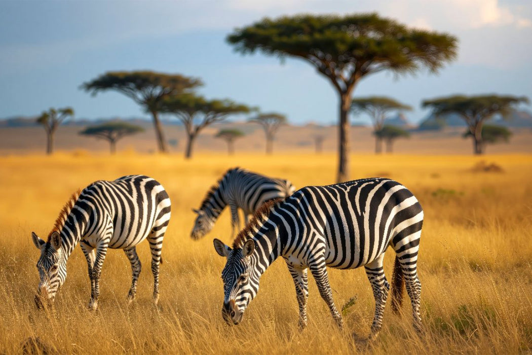 Premium Textil-Leinwand Zebras grasen in wunderschöner afrikanischer Natur