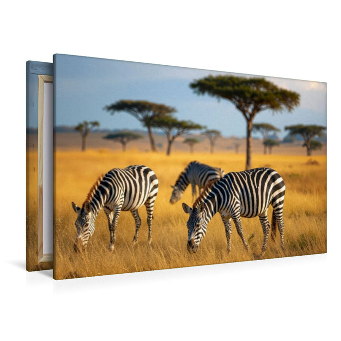 Premium Textil-Leinwand Zebras grasen in wunderschöner afrikanischer Natur