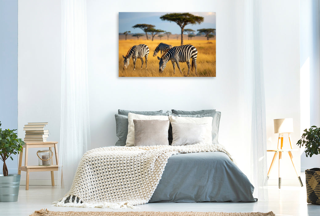 Premium Textil-Leinwand Zebras grasen in wunderschöner afrikanischer Natur