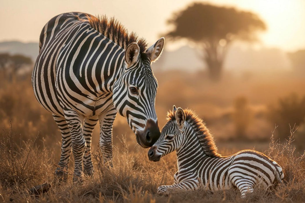 Premium Textil-Leinwand Behütet und beschützt - das Zebrafohlen