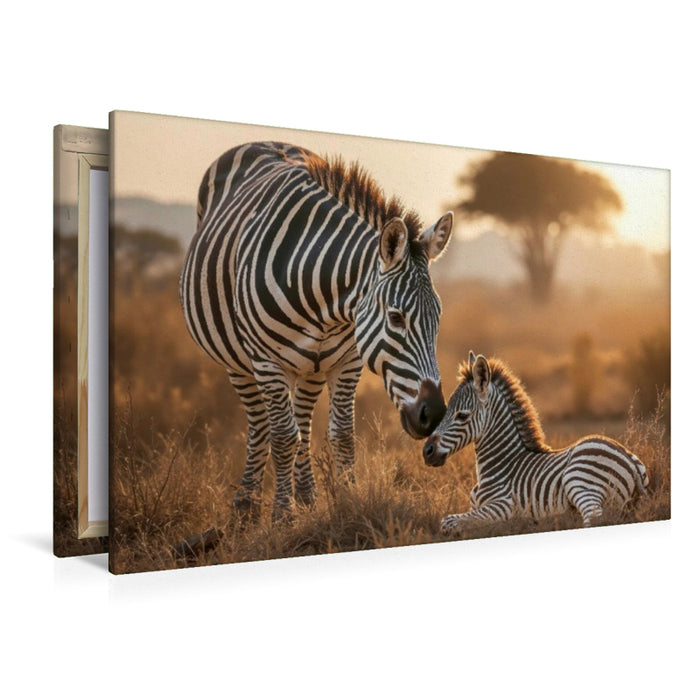 Premium Textil-Leinwand Behütet und beschützt - das Zebrafohlen