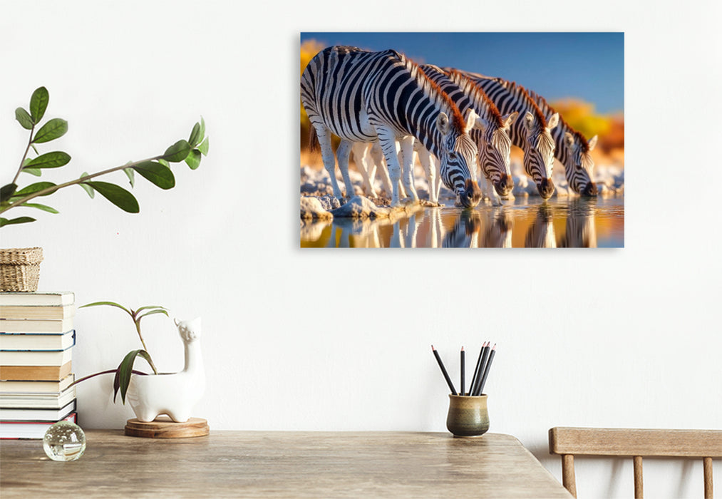 Premium Textil-Leinwand Gemeinsames Erfrischen am Wasserloch