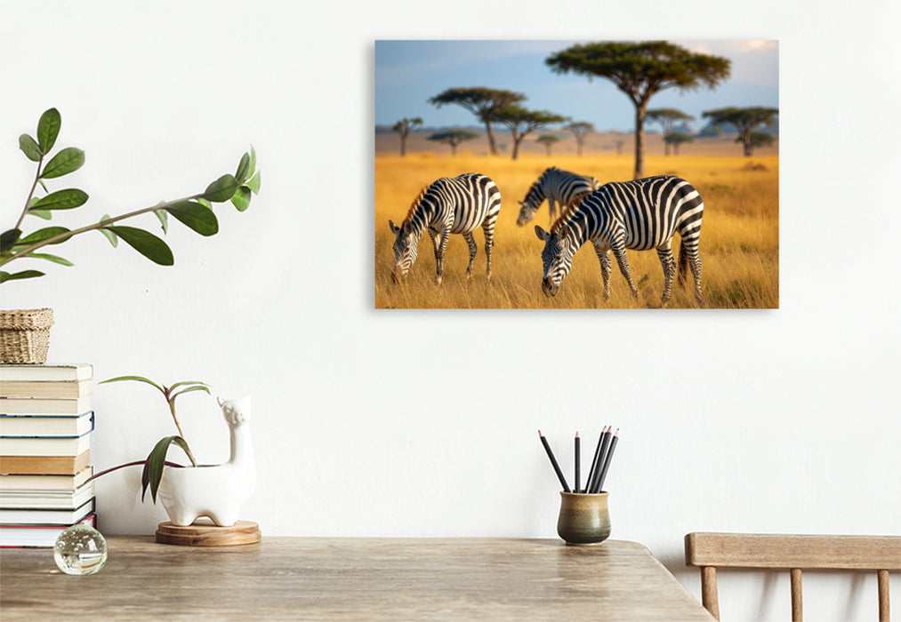 Premium Textil-Leinwand Zebras grasen in wunderschöner afrikanischer Natur
