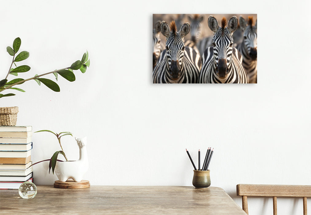 Premium Textil-Leinwand Ein typisches Bild - eine große Zebraherde