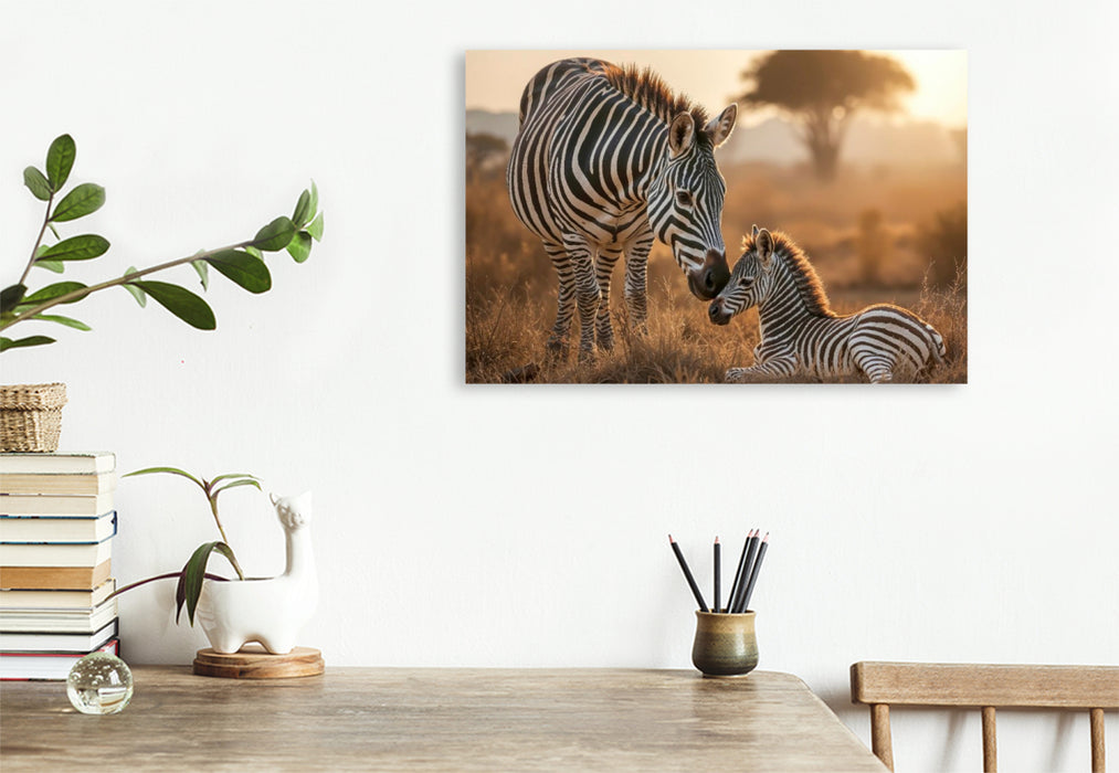 Premium Textil-Leinwand Behütet und beschützt - das Zebrafohlen