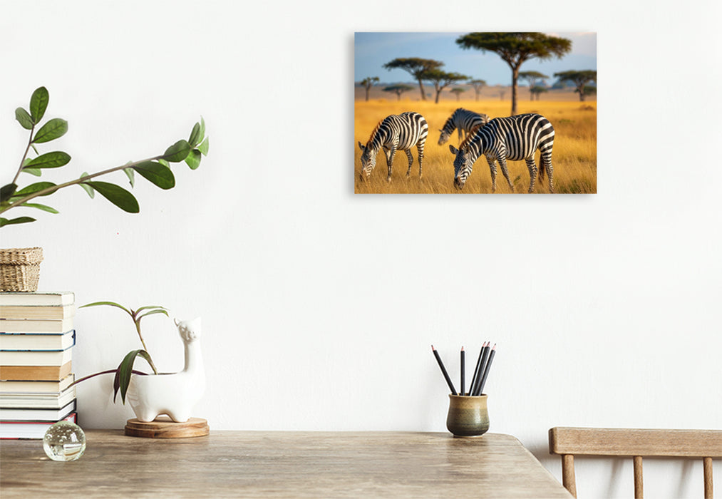 Premium Textil-Leinwand Zebras grasen in wunderschöner afrikanischer Natur