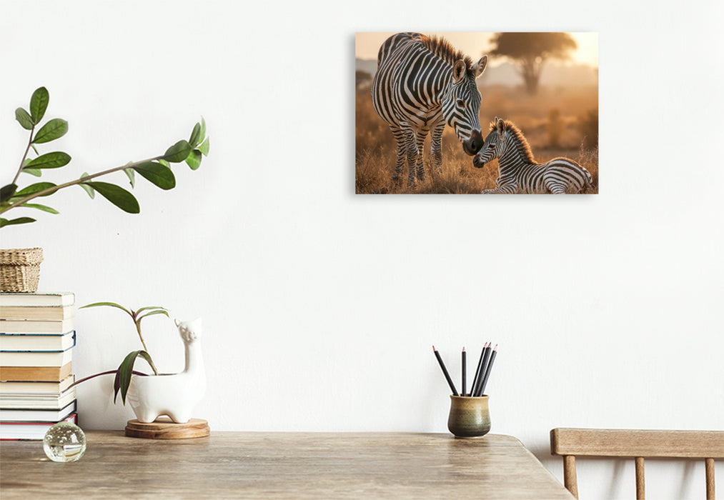 Premium Textil-Leinwand Behütet und beschützt - das Zebrafohlen