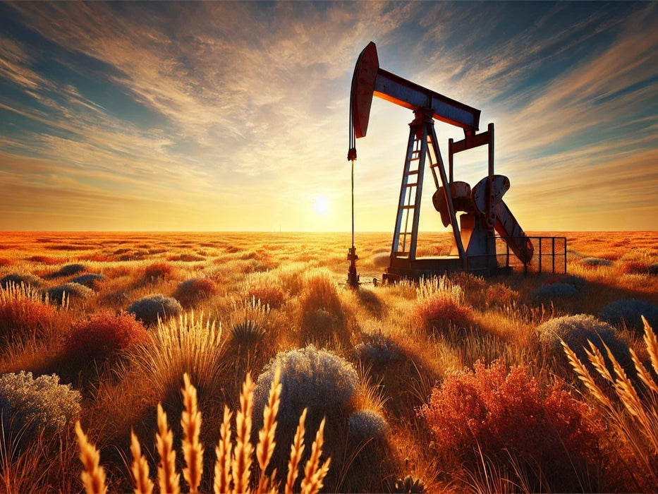 Pumpjack im Abendgold – Das Herz der Prärie. Wo Feuer, Stahl und Sonne um die Wette glühen. - CALVENDO Foto-Puzzle'