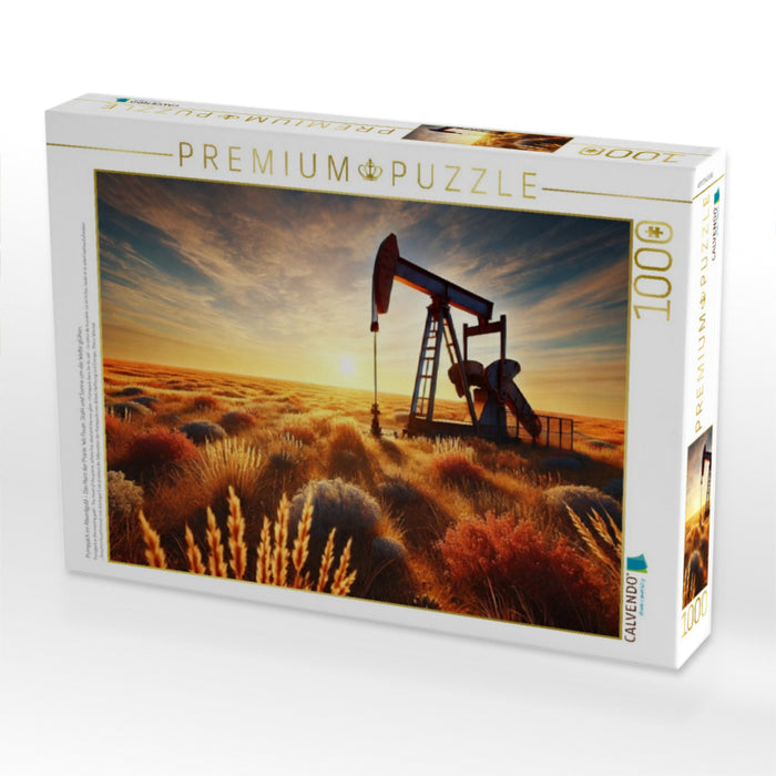 Pumpjack im Abendgold – Das Herz der Prärie. Wo Feuer, Stahl und Sonne um die Wette glühen. - CALVENDO Foto-Puzzle'