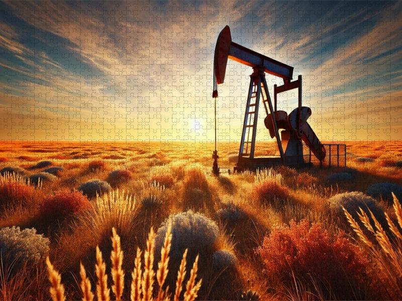 Pumpjack im Abendgold – Das Herz der Prärie. Wo Feuer, Stahl und Sonne um die Wette glühen. - CALVENDO Foto-Puzzle'