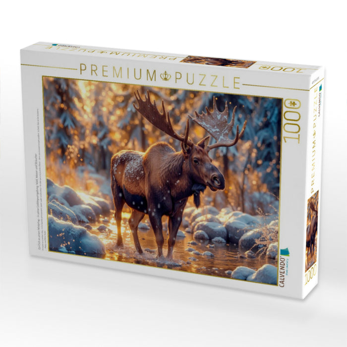 Ein Elch an einem Wintertag - in seiner Lieblingsumgebung: Wald, Wasser und Sträucher - CALVENDO Foto-Puzzle'