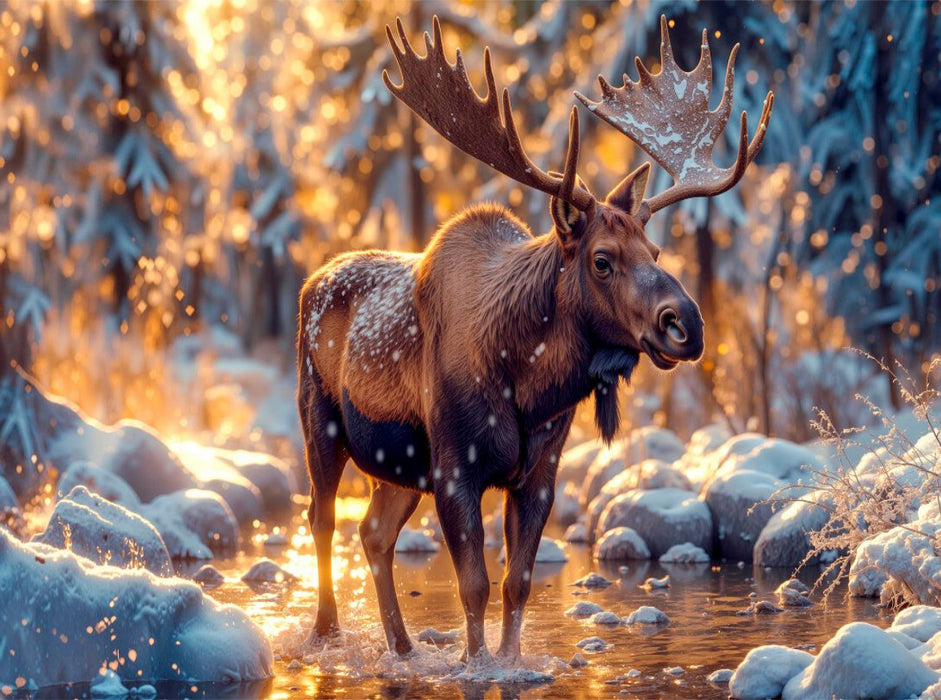 Ein Elch an einem Wintertag - in seiner Lieblingsumgebung: Wald, Wasser und Sträucher - CALVENDO Foto-Puzzle'