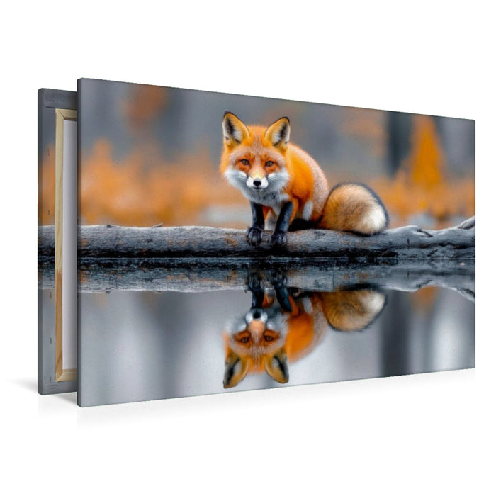 Premium Textil-Leinwand Ein neugieriger Fuchs auf einem treibenden Baumstamm, umgeben von stillem Wasser