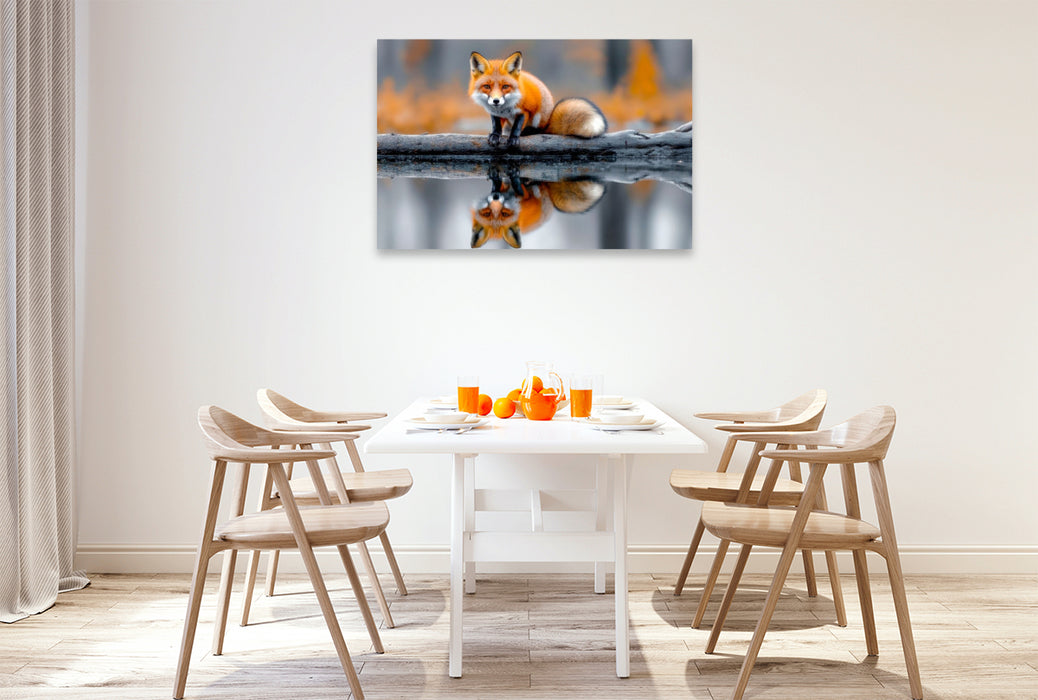 Premium Textil-Leinwand Ein neugieriger Fuchs auf einem treibenden Baumstamm, umgeben von stillem Wasser