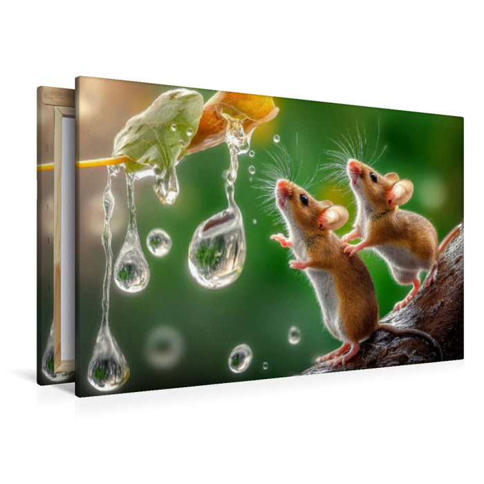 Premium Textil-Leinwand Zwei Mäuse beim Regentropfen-Fangen-Spiel