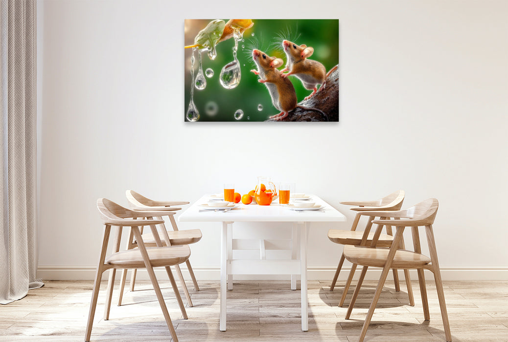 Premium Textil-Leinwand Zwei Mäuse beim Regentropfen-Fangen-Spiel