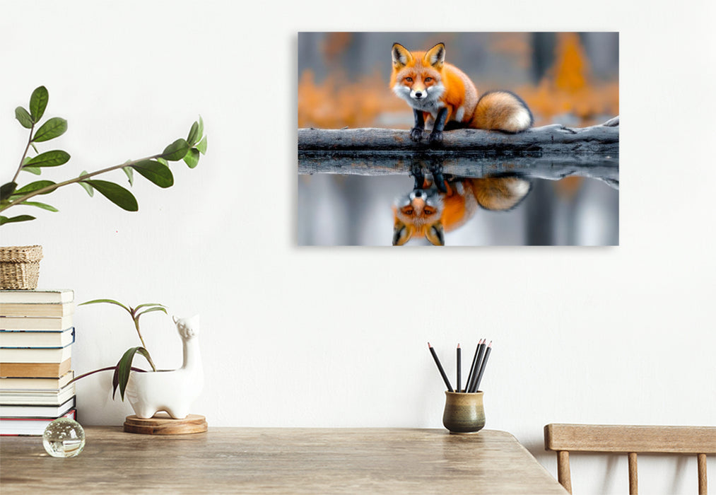 Premium Textil-Leinwand Ein neugieriger Fuchs auf einem treibenden Baumstamm, umgeben von stillem Wasser