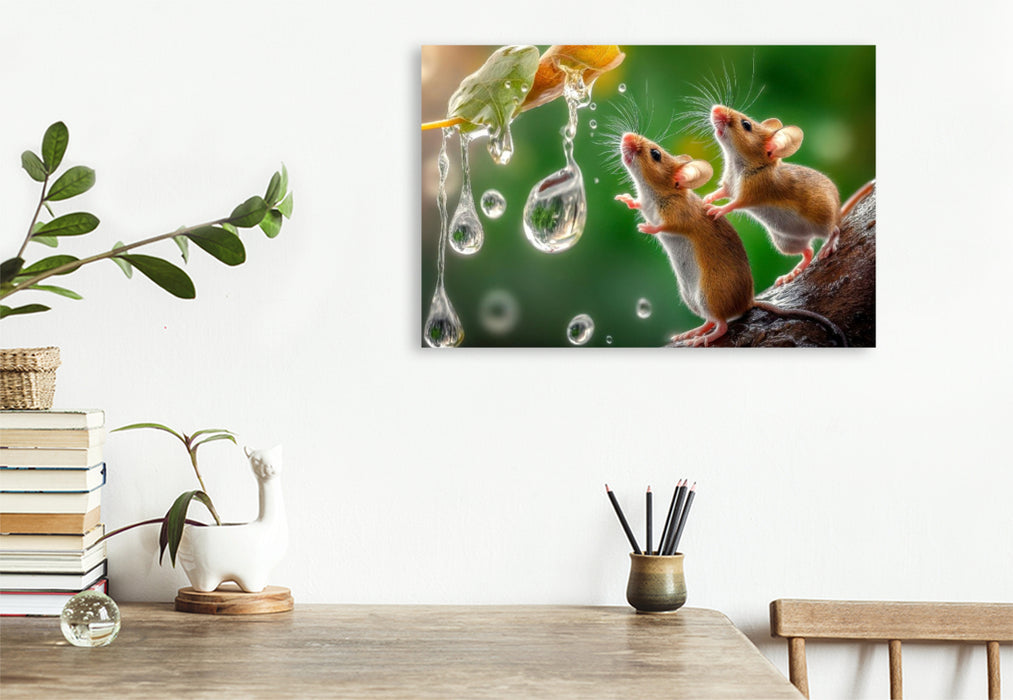 Premium Textil-Leinwand Zwei Mäuse beim Regentropfen-Fangen-Spiel