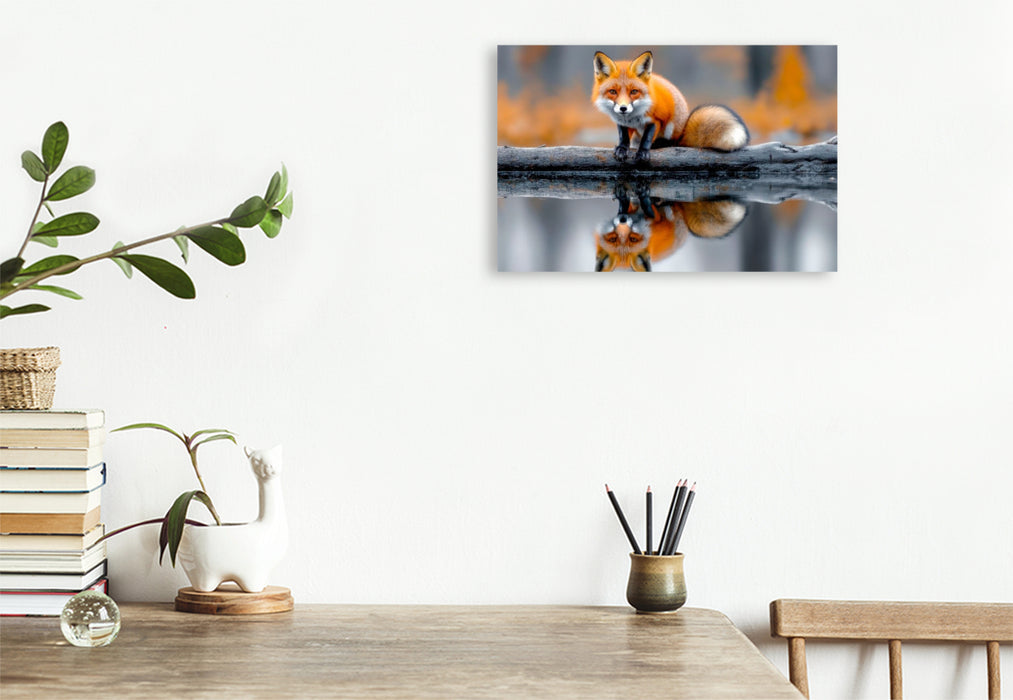 Premium Textil-Leinwand Ein neugieriger Fuchs auf einem treibenden Baumstamm, umgeben von stillem Wasser