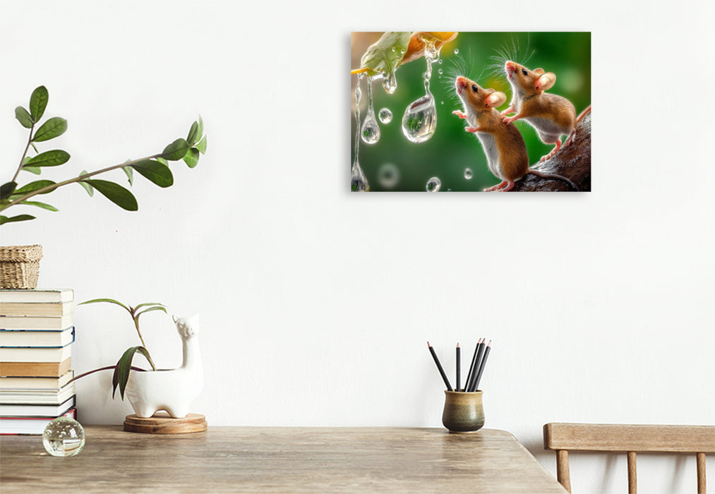 Premium Textil-Leinwand Zwei Mäuse beim Regentropfen-Fangen-Spiel