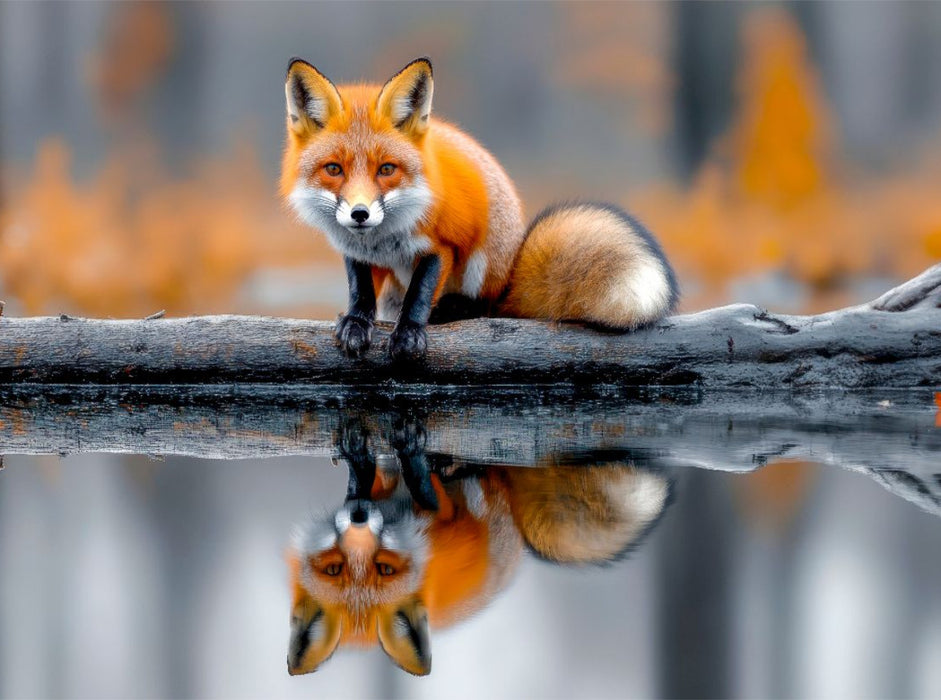 Ein neugieriger Fuchs auf einem treibenden Baumstamm, umgeben von stillem Wasser - CALVENDO Foto-Puzzle'