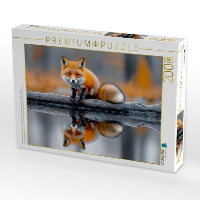 Ein neugieriger Fuchs auf einem treibenden Baumstamm, umgeben von stillem Wasser - CALVENDO Foto-Puzzle'