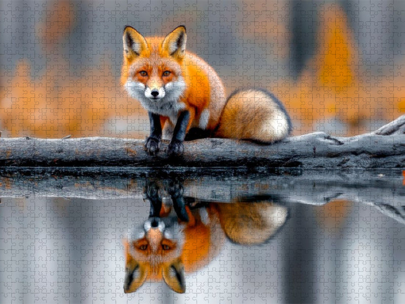 Ein neugieriger Fuchs auf einem treibenden Baumstamm, umgeben von stillem Wasser - CALVENDO Foto-Puzzle'