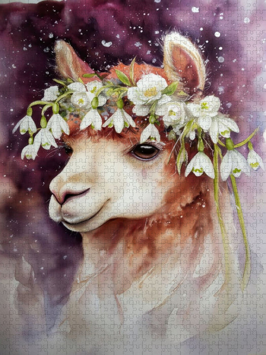 Alpaka mit Schneeglöckchen - CALVENDO Foto-Puzzle'