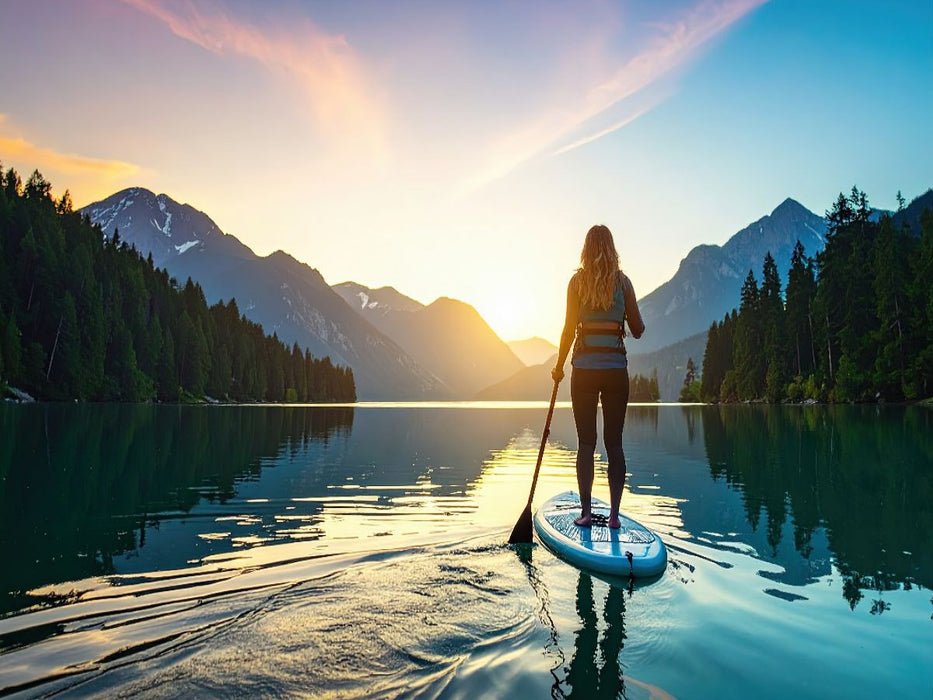 Eine Frau beim SUP in einer stillen Landschaft mit Lichtstimmung - CALVENDO Foto-Puzzle'