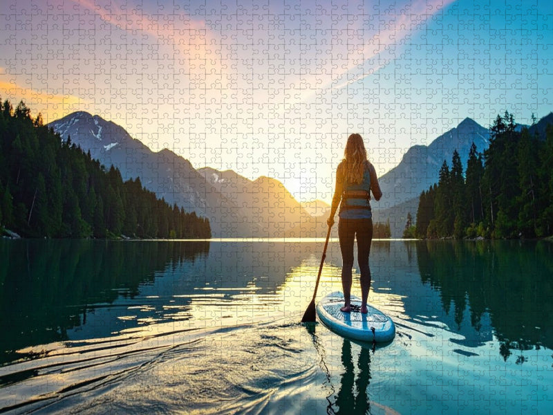 Eine Frau beim SUP in einer stillen Landschaft mit Lichtstimmung - CALVENDO Foto-Puzzle'