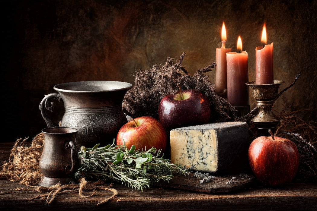 Premium Textil-Leinwand Ofenwärme & dunkler Wein, herbstliche Fülle im Kerzenschein