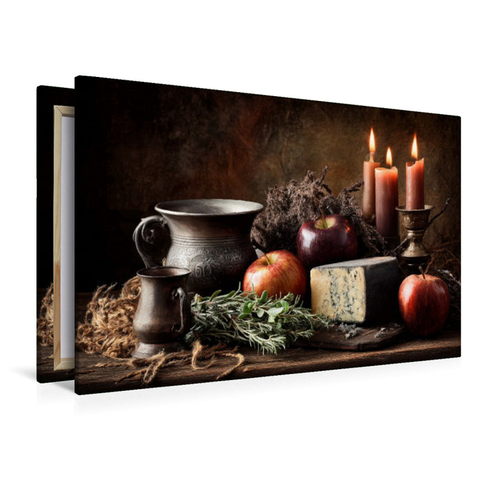 Premium Textil-Leinwand Ofenwärme & dunkler Wein, herbstliche Fülle im Kerzenschein