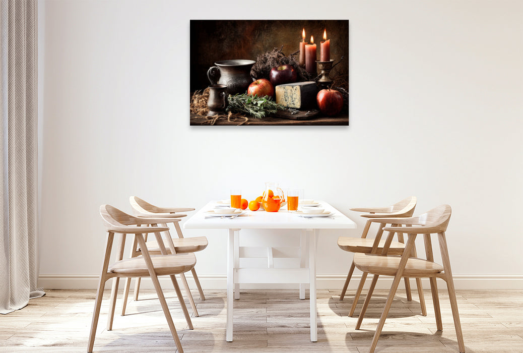 Premium Textil-Leinwand Ofenwärme & dunkler Wein, herbstliche Fülle im Kerzenschein