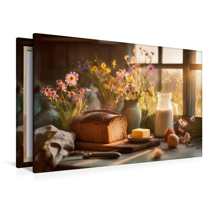 Premium Textil-Leinwand Sonne in der Küche, BrotBrot auf dem Tisch, das Leben knuspert jetzt