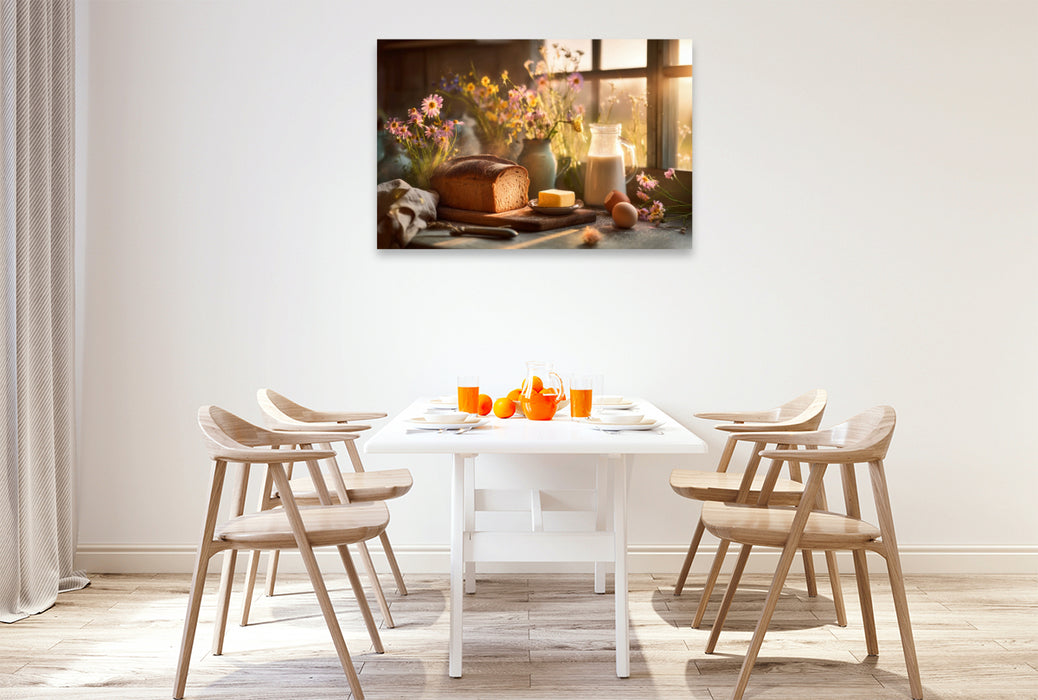 Premium Textil-Leinwand Sonne in der Küche, BrotBrot auf dem Tisch, das Leben knuspert jetzt