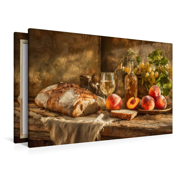 Premium Textil-Leinwand Sommerküche auf Holztisch, duftendes Brot, Früchte und ein Glas im Abendlicht