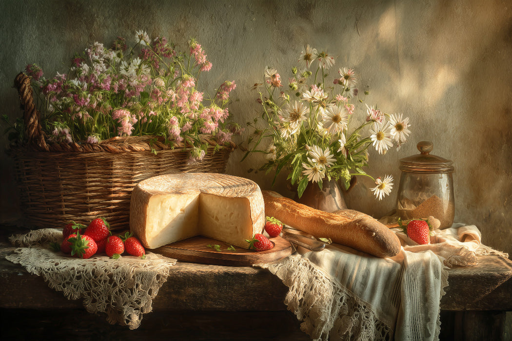 Premium Textil-Leinwand Maiwiesen und Kräuterbrot, Frühling schmeckt nach Hoffnung