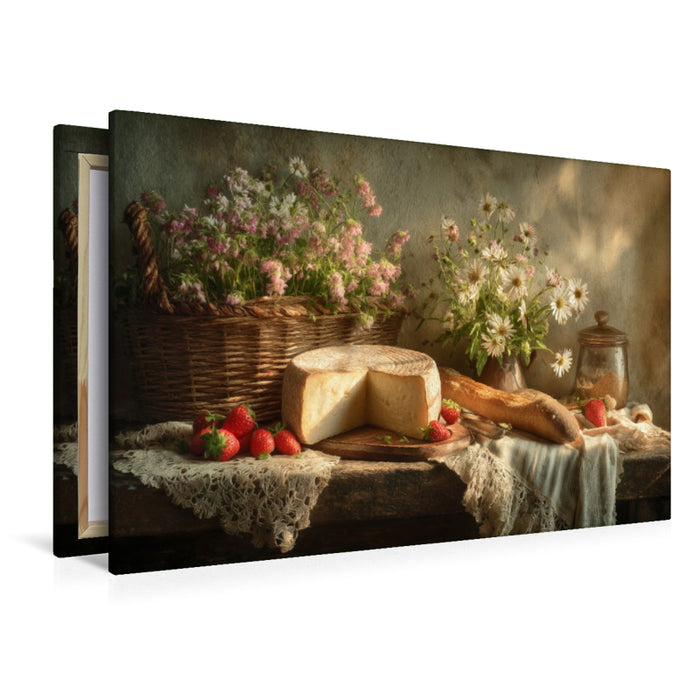 Premium Textil-Leinwand Maiwiesen und Kräuterbrot, Frühling schmeckt nach Hoffnung