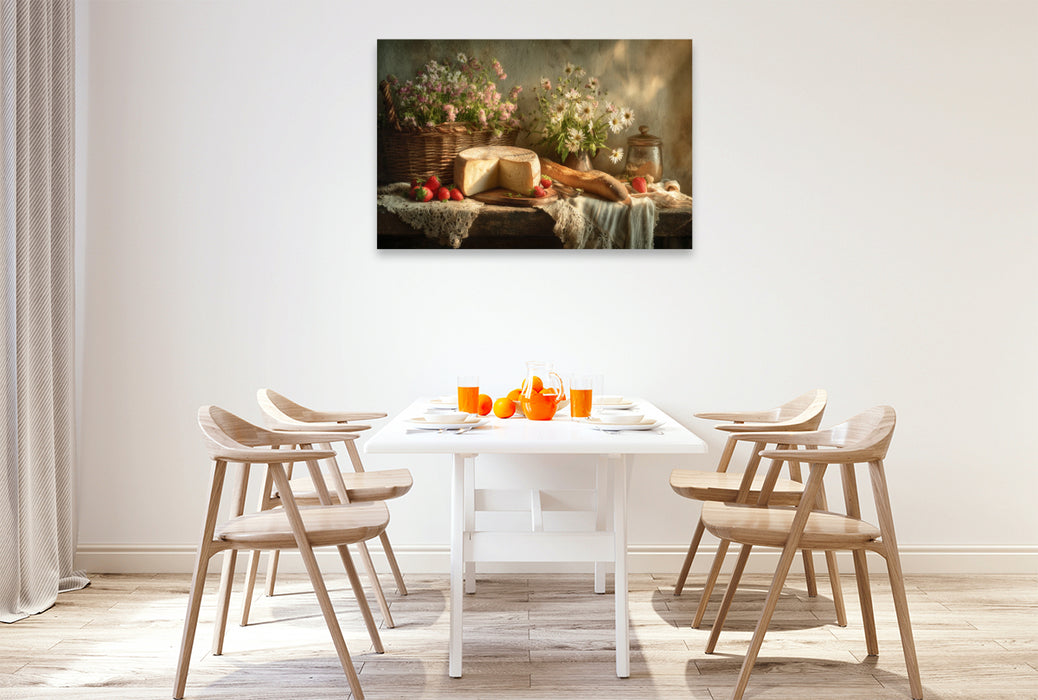 Premium Textil-Leinwand Maiwiesen und Kräuterbrot, Frühling schmeckt nach Hoffnung