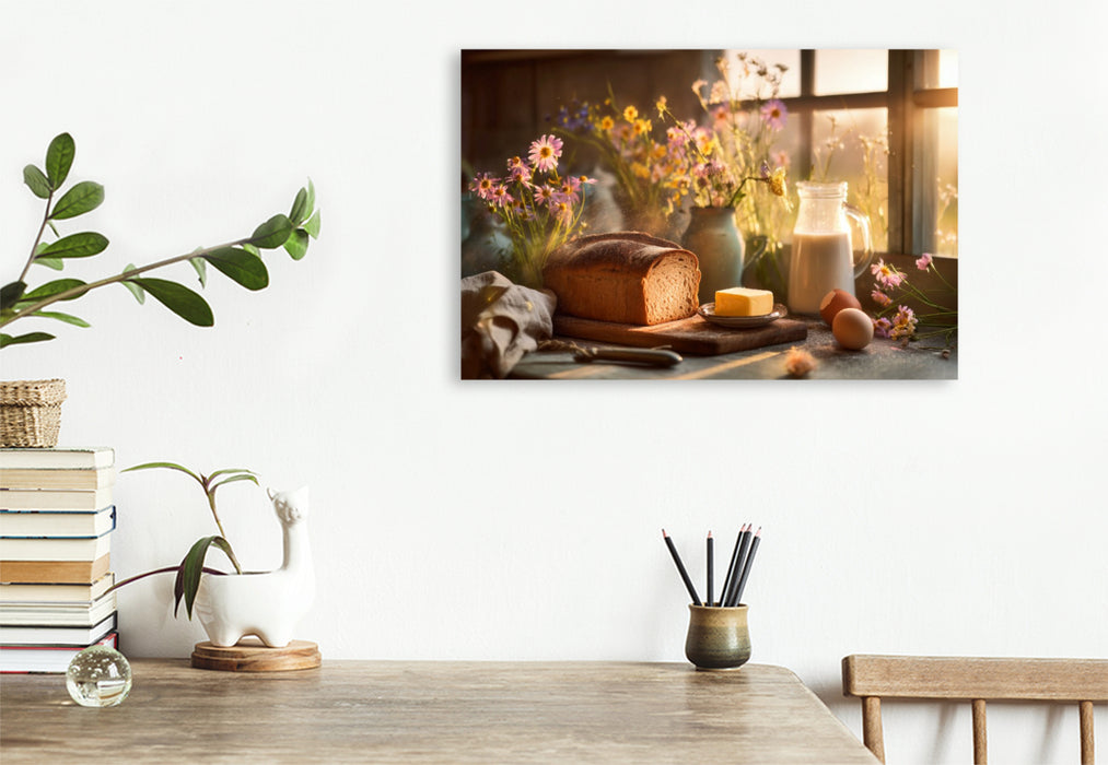 Premium Textil-Leinwand Sonne in der Küche, BrotBrot auf dem Tisch, das Leben knuspert jetzt